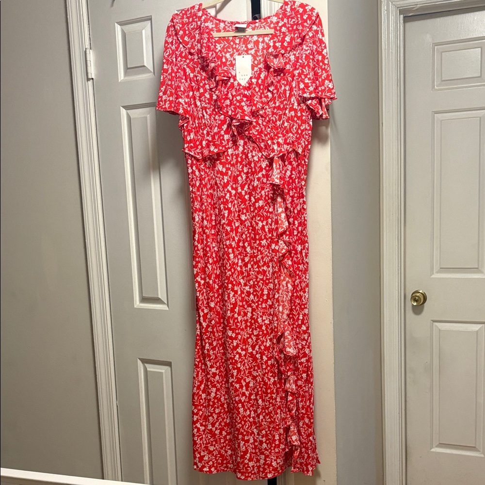 NWT Target A New Day Red Floral Ruffle Maxi Dress with Flutter Sleeves XL